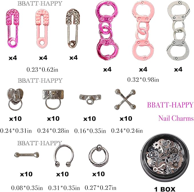 144PCS Nail Charms for Acrylic Nails,Silver Star Planet Cross Punk Door Handle Pin Handcuffs Mechanical Parts Alloy Nail Art Accessories,Nail Jewels for Nail Art Supplies Craft DIY, Mix