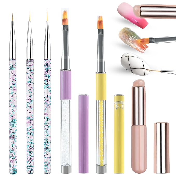 WOKOTO 6pcs Nail Ombre Brush And Liner Nail Brush Set Nail Art Painting Pen Brush UV Gel Polish Gradient Color Design Nail Polish Brushes Nail Drawing Pen Nail Detail Brushes Ombre Brushes For Nails