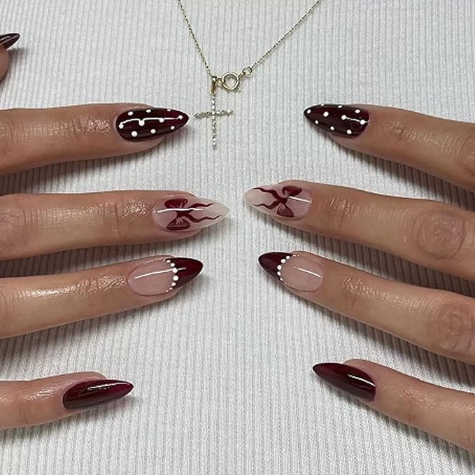 6 Packs (144 Pcs) Press on Nails Medium Almond Fake Nails with Designs Polka Dot Glue on Nails Cute False Nails Full Cover Glossy Acrylic Stick on Nail for Women Girls Manicure