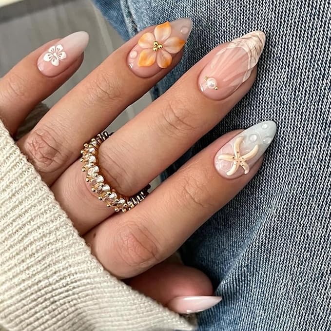 Summer Beach Press on Nails Medium Fake Nails Almond Nails Press ons with Flower Starfish Charms Design,Reusable & Easy Apply Full Cover Stick on Nails for Women Vacation Manicure 24Pcs