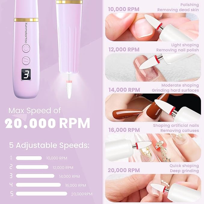 Professional Electric Nail Drill File, Cordless Nail Drill Machine kit for Acrylic Gel Dip, 12 in 1 Nail Machine Kit Portable Rechargeable Manicure Pedicure Tools for Home Salon(Purple)