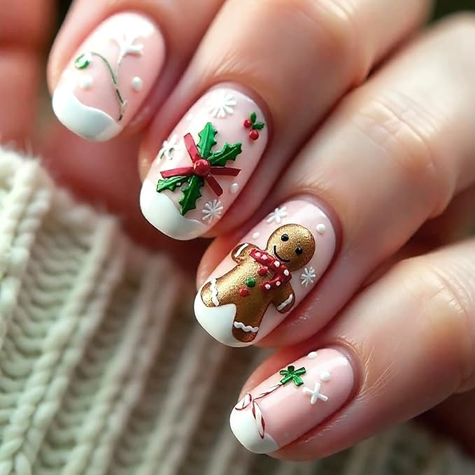 Christmas Press on Nails Short Oval Fake Nails with Snowflake Holly Gingerbread Man Designs White French Tip Xmas False Nail Winter Glossy Stick on Nail for Women 24 Pcs