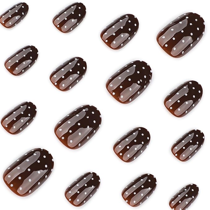 Short Press on Nails Oval - Brown Fake Nails with Polka Dot Design - Cute Glossy Full Cover Stick on Press ons - for Women Fall Manicure 24 Pcs