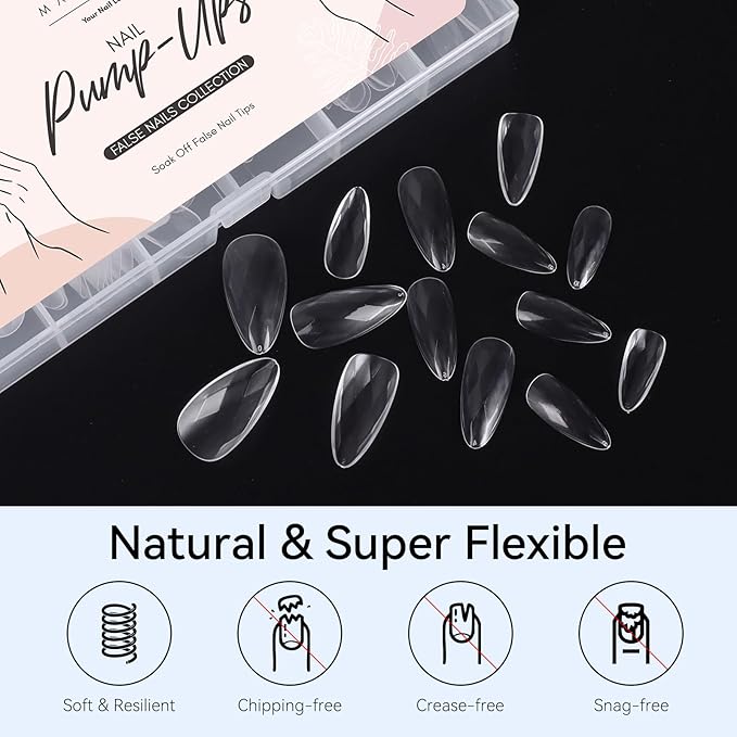 Makartt Medium Almond Soft Gel Nail Tips: 120pcs 3D Diamond-Shaped Fake Nails Extension, 12 Sizes Full Cover Clear Press-On Tip, Natural Rhombus Lattice, Suit for Chrome Nail Powder