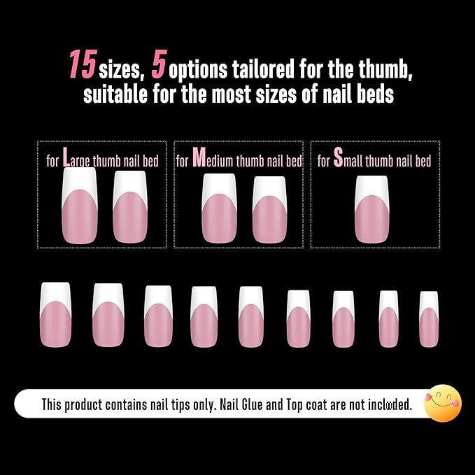 NOVO OVO White French Tip Medium Square Nail Tips Press on BERRY PINK, Extra Thick Soft Gel Fake Nail Acrylic Extension, Need Builder Gel Top Coat, No Glue Included, for Salon DIY 15 Sizes x 240 pcs