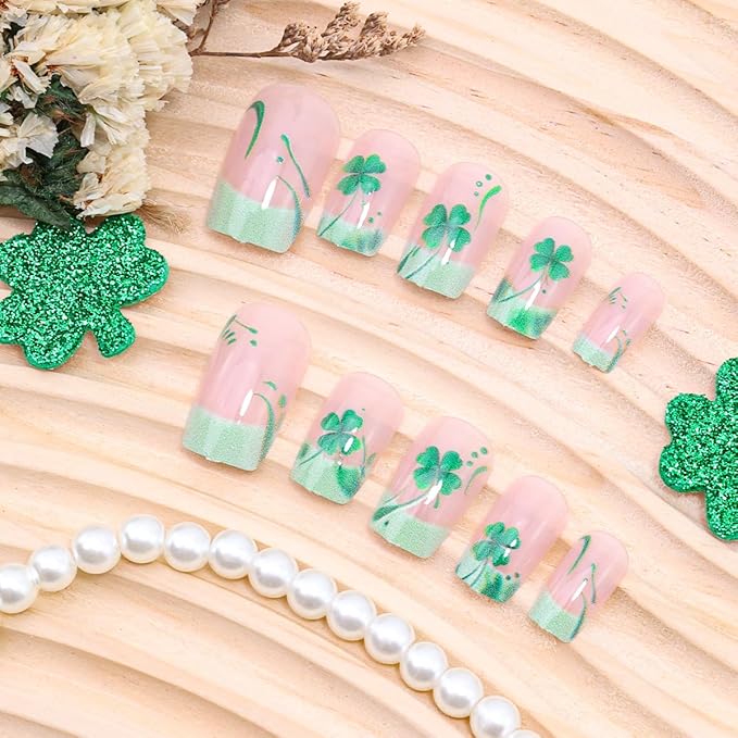 St. Patrick's Day Press on Nails Short French Tip Fake Nails Lucky Shamrock False Nails Green Four Leaf Clover Glue on Nails Irish Square Acrylic Nails St. Patrick's Day Artificial Nails Set 24Pcs