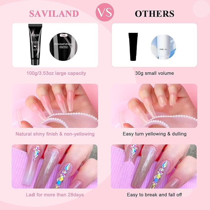 SAVILAND Poly Gel-100 G Pink Color Poly Nail Gel, Large Capacity Extension Durable Gel for Nail Strengthener, Long-Lasting, Easy to Use for Starter & Professional Manicure DIY Art Home Salon