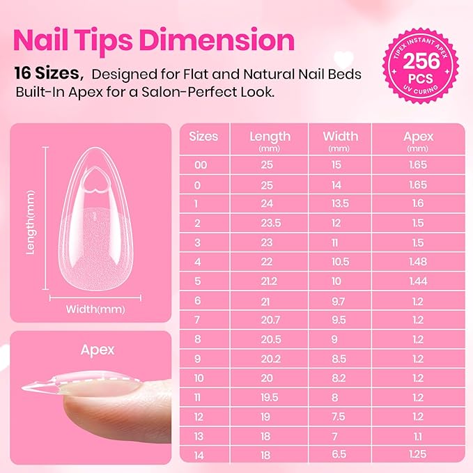 Beetles Tipex Lite Heart Cutout Nail Tips, Pre-Built Apex Almond Medium, 16 Sizes 256pcs, Flat Nail Friendly Acrylic Tips, Easy DIY for Beginners