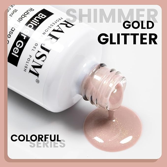 RARJSM Shimmer Rubber Base Gel Nail Polish Glitter Nude Sheer Pastel Pink Gold Rubber Base for Nails Brush on Quick Extend Builder Hard Gel Soak Off Curing Requires 15ml Salon Home French Manicure
