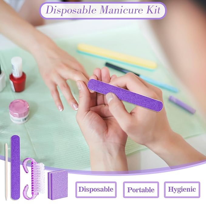 20 Sets Disposable Manicure Kit Basics 4 Piece Nail Kit for Travel,Handle Grip Brush,Mini Nail Buffer Nail File and Wood Stick for Gifts Salon Home Professional(20 Set -Purple)