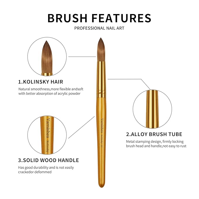 Kolinsky Acrylic Nail Brush Golded Solid Wood Handle Professional Manicure Brushes for Powder Nail Acrylic Application - Salon & DIY Nail Art Essentials - Size 12, 1.0 Count