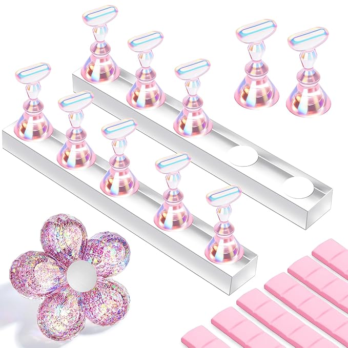 Makartt Press on Nail Stand: Magnetic Nail Holder for Painting Nails DIY Pink for Art Display Practice, Pink Glitter Flower Fake Holder for Home Salon with Reusable Adhesive Putty