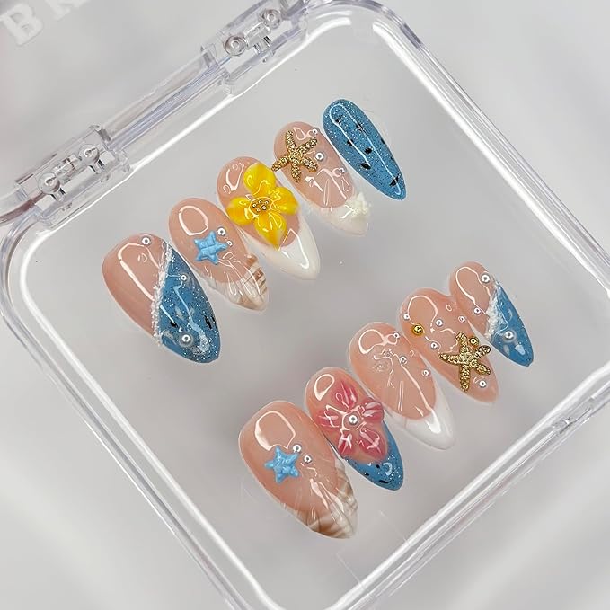 Luxury Press on Nails Medium Almond Handmade 3D Unique Reusable ABS Material Fake Nails Beach French Tip False Nails with Designs Pearls Floral Art Petal Glossy Glue on Thick Acrylic Nails(M)