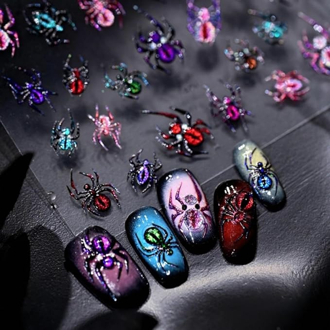 Halloween Nail Stickers 3D Self Adhesive Spider Nail Art Stickers 5D Embossed Colorful Spiders Nail Decals Araneid Nail Art Supplies Cute Multicoloured Nail Design for Women Girls 1 Sheets
