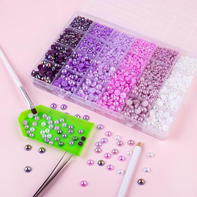 9960 Purple AB Pearls Rhinestones, Assorted Size 3/4/6/8mm Flatback Half Pearls for Crafts, Tumblers, Shoes, Nails, Face Art