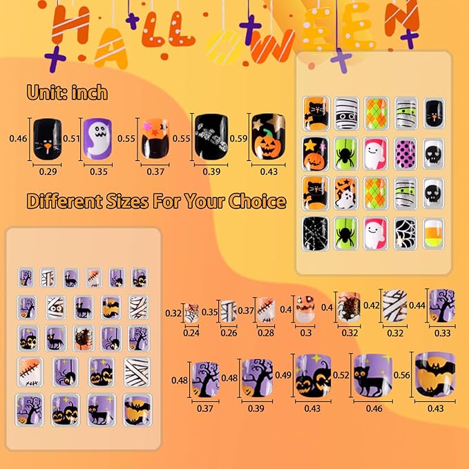 SIUSIO 6 Pack Press on Nails kids Children Acrylic Fake Nails Cute Pre-glue Full Cover Gradient Color Rainbow Short Stick On False Nail Art Kits Set for Kids Little Girls - Halloween Ghost