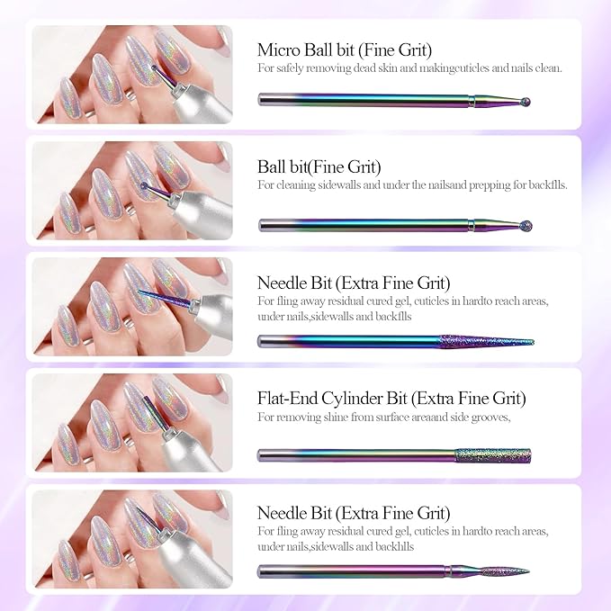 Rainbow Diamond Cuticle Bit Set for Nail Drill - 10Pcs 3/32" Nail Prep Bits with Flame Ball Needle Bit, Safety Silicone Buffer & Cleaning Brush for Beginner