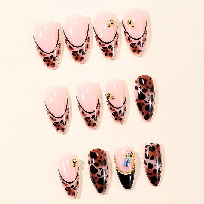 French Tip Leopard Print Press on Nails Medium Almond False Nails with Gold Design Fake Nails Black French Tips Glossy Artificial Nails Gold Beads Full Cover Stick on Nail for Women Manicure 24Pcs