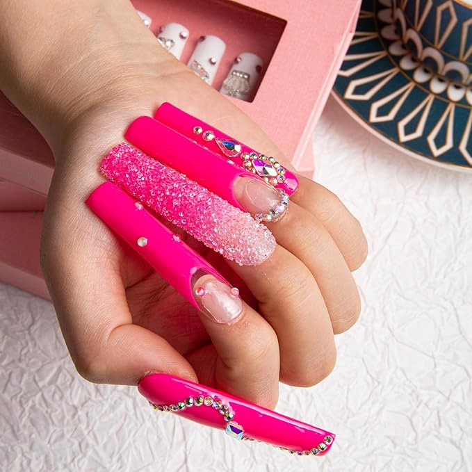 LOVFUL Press On Nails Pink Typhoon Square Glitter Pink Fake Nails Stick On Nails Square Long 2.2 in H38 (L)