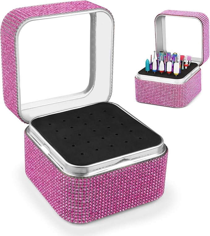 Nail Drill Bits Holder Rhinestone Case Box- 25 Holes Dustproof Portable Storage Box Efile Nail Bits Displayer Organizer Container for Manicure Tools