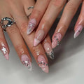 Pink French tips Press on Nails Medium Almond Fake Nails with Design Silver Bow Glue on Nails Water Ripple Stick on Nails Glossy Reusable Summer False Nails for Women Girls Manicure 24pcs