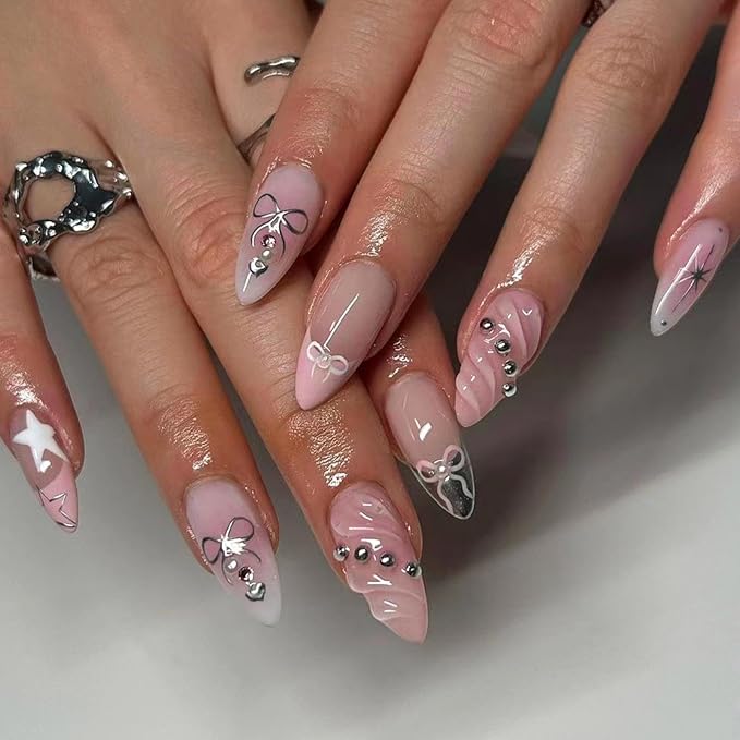 Pink French tips Press on Nails Medium Almond Fake Nails with Design Silver Bow Glue on Nails Water Ripple Stick on Nails Glossy Reusable Summer False Nails for Women Girls Manicure 24pcs