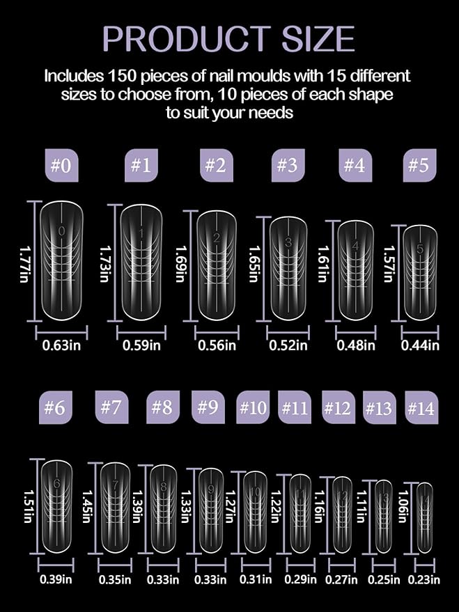 TOROKOM 150Pcs Poly Extension Gel Dual Nail Forms Clear Nail Forms Full Cover Coffin Nail Molds 15 Sizes for Gel Manicure Nail Art Design Salon&DIY