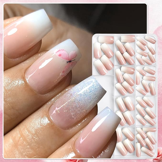 AddFavor 240pc Ombre Press on Nails Long Square, Acrylic Fake Nails Press ons Nail Tips Square Stick on Nails with Nail Glue and Adhesive Tabs for Women