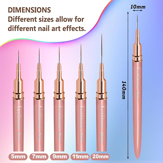 Nail Art Liner Brushes, 5Pcs Professional Gel Polish Painting Art Design Pen Set for Long Lines, Thin Details, Fine Drawing Sizes 5/7/9/11/20mm Nail Art Design Gift for Women(Champagne Gold)