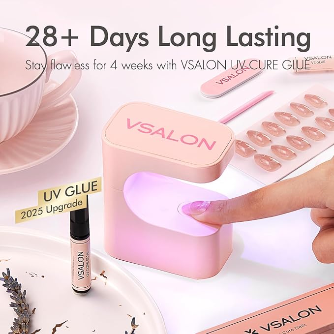 VSALON Almond Short Press On Nails, Milky White Light Curable Sheer Jelly Finish False Nails, Reusable Gel Glue on Nails Kit with Glue - 32 pcs in 16 Sizes