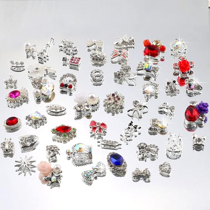 50pcs 3D Nail Charms for Acrylic Nails, Mix Styles Silver Rhinestones for Nails Metal Nail Jewels for Nail Art Charms for Nails Design Alloy Zircon Nail Rhinestones Pearl Nail Gems Women Nail Supplies