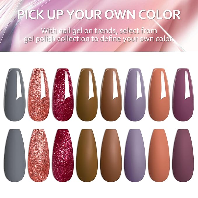 MTSSII Fall Winter Gel Nail Polish Set 8 Colors Brown Red Grey Gel Polish Purple Pink Glitter Soak Off Nail Art Manicure Kit DIY Salon No Wipe Holiday Gift
