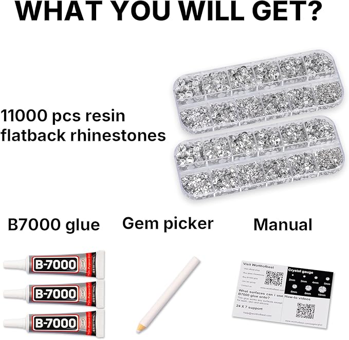 11000Pcs Silver Clear 2/3/4/5mm Flatback Rhinestones with Glue for Bedazzling Crafting Clothing Clothes Crafts Shoes Nail Art, Resin Flat Back Gems Crystals Diamonds Gemstones Jewels Stones Kit