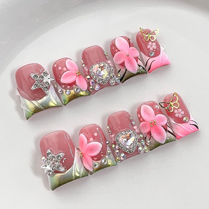 Handmade French Tip Press on Nails Short Duck 3D Thick Acrylic Nails Luxury False Nails with Rhinestones Flower Designs Pink Floral Fake Nail Sturdy Art Press on Nail 10Pcs(S)