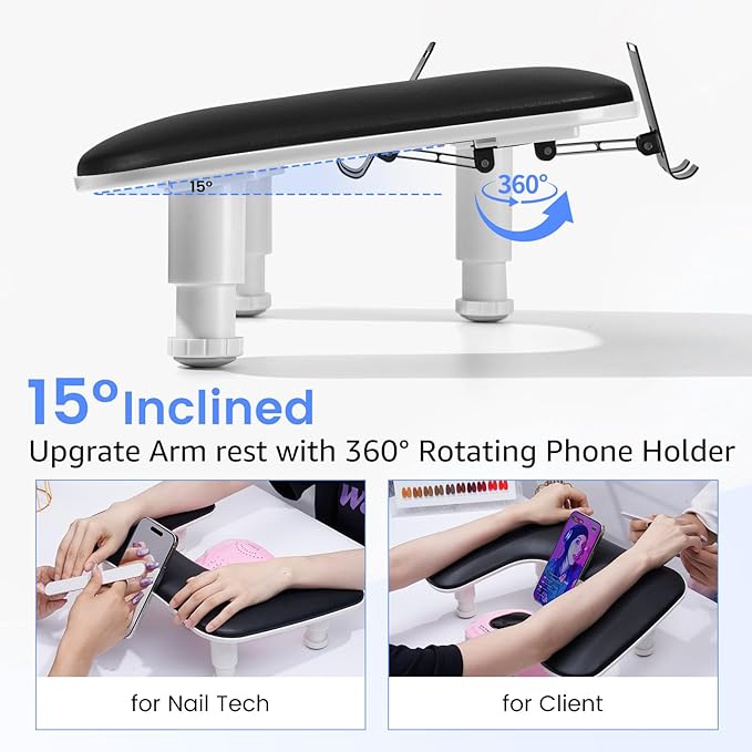 Arm Rest for Nails Tech: 3rd Generation Manicure Nail Arm Rest with Rotating Phone Stand, U-Shaped Height Adjustable Hand Rest Pillow for Acrylic Nails Black