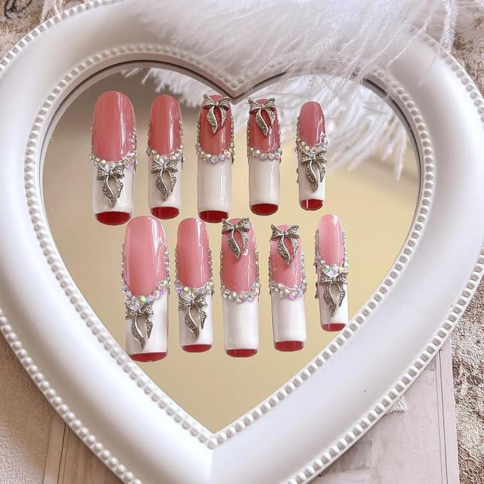 NAIL ANGEL 10PCS/SET Glamorous Handmade Press on nails Glitter Rhinestone with Metal 3D Bow Charms Long Coffin Nails Party Nails XXL Long Artifical Tips ZJ-08 (Multi-Color, ZJ-08-S)