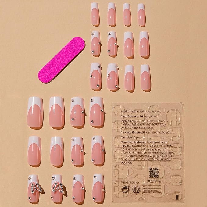 Press on Nails Medium Square MABKJLF French Tip Fake Nails Full Cover Pink False Nails with Butterfly Rhinestones Designs Glossy Glue on Nails Artificial Acrylic Nails for Women Girls 24 Pcs