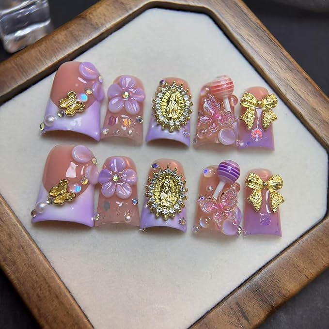 10Pcs Handmade Acrylic Press on Nails Short Duck Fake Nails with 3D Flower Butterfly Bow Rhinestone Design Purple French Tip False Nails Handmade Duck Nails Press ons Spring Flower Nail for Women (M)