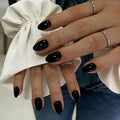 KQueenest Press On Nails Short - Black Press On Nails Oval, 32 Pcs 16 Sizes Natural Short Fake Nails Press ons Almond, Reusable Opaque Glossy Dark Gel Glue on Nail with Glue for Everyday Office Wear