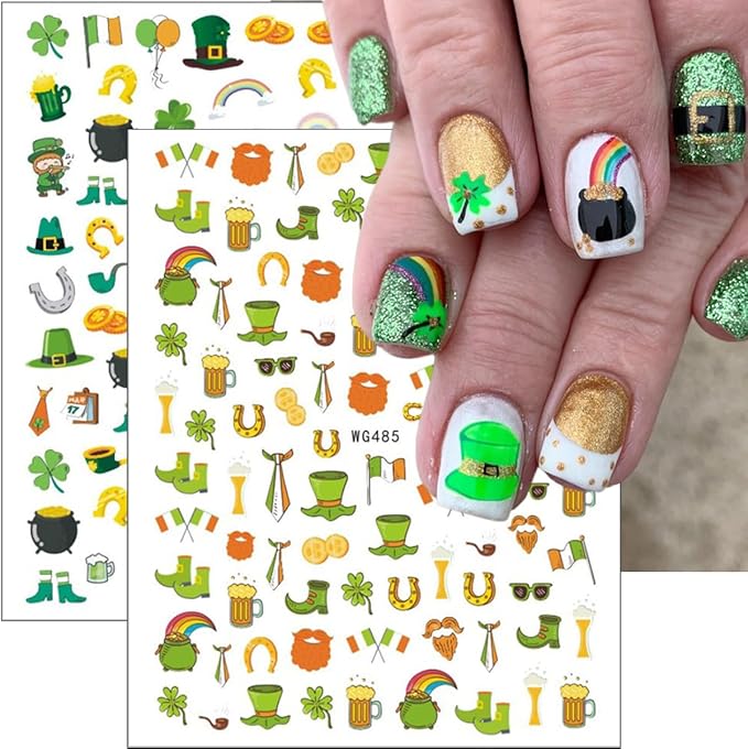 6Pcs St. Patrick's Day Nail Art Stickers 3D Self Adhesive Spring Four Leaf Clover Nail Decals Lucky Shamrock Nail Stickers St. Patrick's Day Hat Letter Design Irish Nail Supplies Accessories for Women