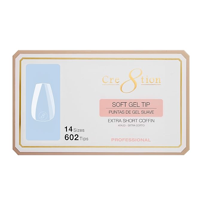 Cre8tion Soft Gel Nail Tips, Long Almond Shape, 602 Tips in 14 Sizes (00-9) for Professional Nail Extensions