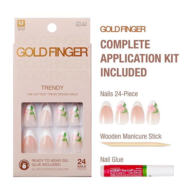 GoldFinger 24 Pcs Press On Nails, Medium Almond Fake Nails, Flower French Tip Gel Stick On Extensions, Reusable Full Cover False Nail Kit with Glue, Manicure Stick & File, 7 Day Long Lasting Wear
