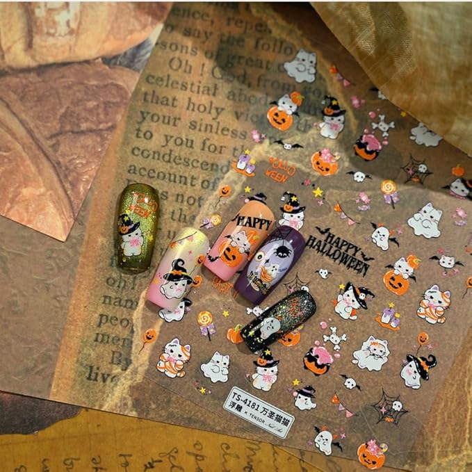 Halloween Nail Stickers Witch Cat Nail Art Stickers 5D Embossed Pumpkin Nail Decals Spider Web Nail Art Supplies 3D Self Adhesive Holiday Nail Design for Women Girls 1 Sheets
