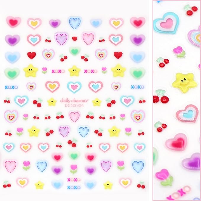 Daily Charme Self-Adhesive Colorful 3D Jelly Heart Nail Art Sticker Bundles Fun Cute Hearts and Stars Nail Stickers for Nail Art Design DIY Colorful Creative Stickers for Women Girls
