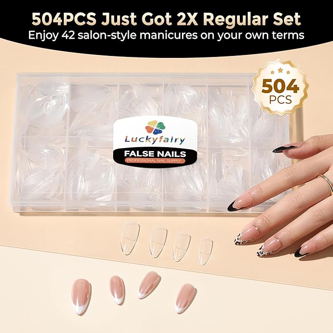 Medium Almond Nail Tips, 504pcs Soft Gel Pre-Filed Acrylic Almond Fake Nails, Half Matte Full Cover Clear Press on Flase Nail Tips for Nail Extension Home DIY 12 Sizes