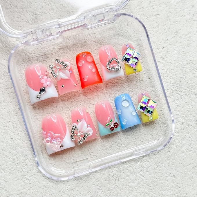 French Press on Nails Handmade Nails with Glue,Orange Medium Duck Fake Nails with 5D Flower Art ＆ Big Rhinestone Design Muti-Layer Gel Handmade Nail Acrylic Nature False Nails for Wome (Size S)