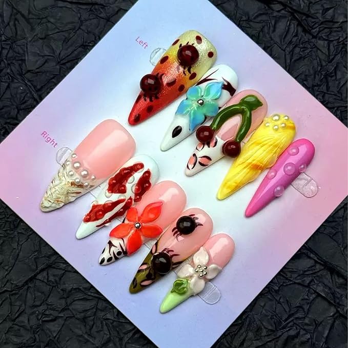 Handmade Press on Nails Long Stiletto Fake Nails 5D Colorful Flower Charms False Nails Summer Seashell Glue on Nails Cherry French tip Handmade Nail for Women Girls Daily Wear Manicure 10pcs Size L
