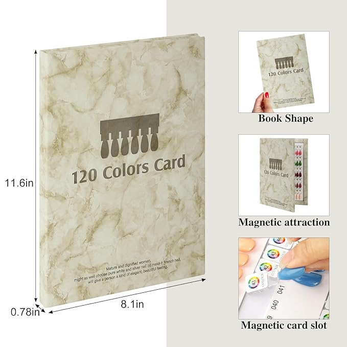 120 Magnetic Nail Color Book,Leather Magnetic Color Display Book with 120 Magnetic Tips & 1-120 Number Labels,Perfect for Nail Polish Nails Art Design(Grey)