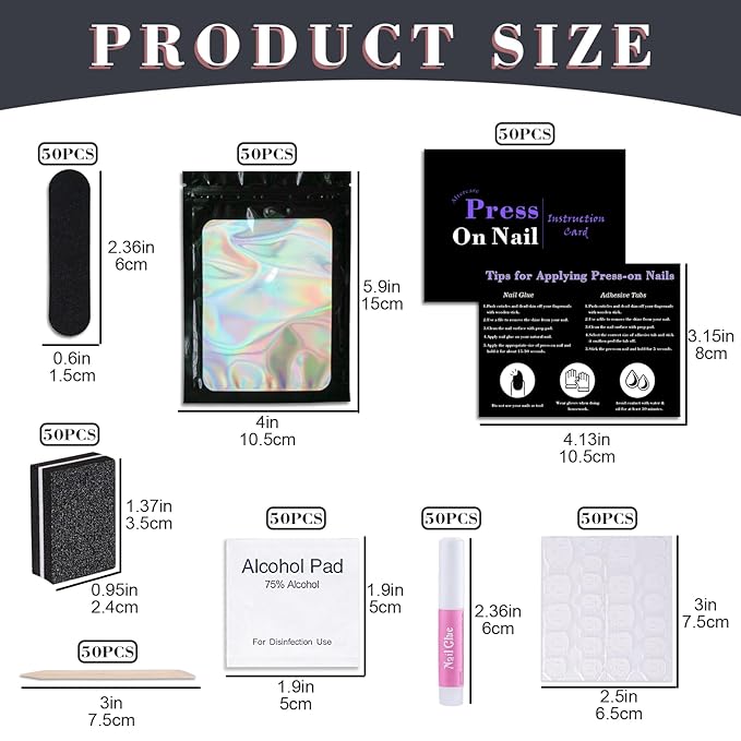50 Set Disposable Nail Supplies Kits,Professional Manicure Press On Nail Tool Kit With Nail File ,Nail Buffer,Adhesive Tabs,Nail Glue,Sticks, Prep Pads,Bags,Instruction Cards for Nail Business(Black)