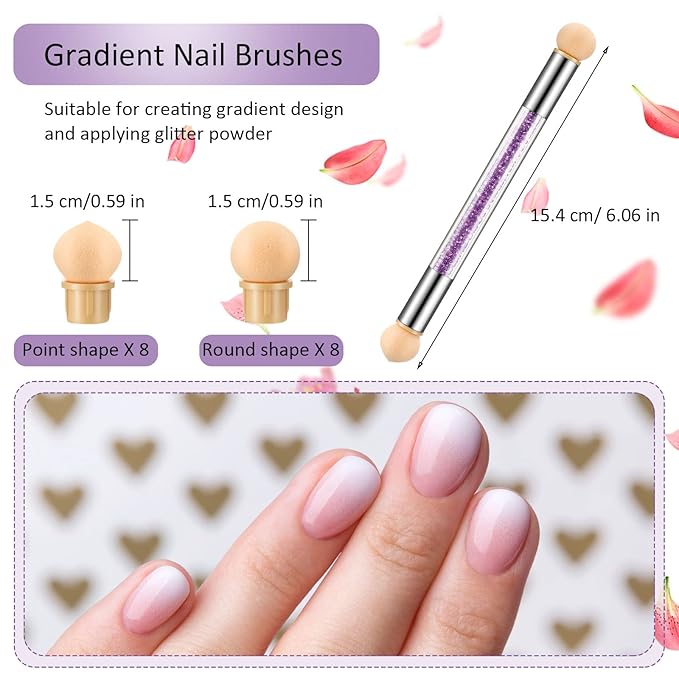Maitys 4 Pcs UV Gel Gradient Sponges Pens with 16 Pcs Replacement Head Nail Sponges for Ombre Double Head Brush for Nail Art Manicure DIY Tools(White, Green, Purple, Blue)